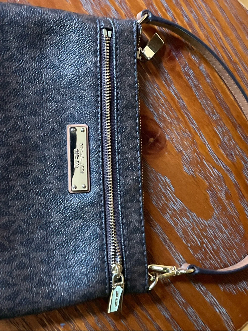 Michael Kors Brown and Gold Logo Zip Wristlet